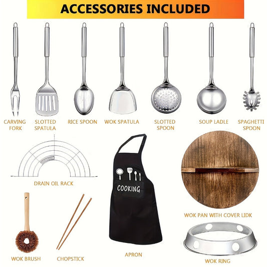 Cast Iron Wok Set with Lid and Utensils, 12.6-Inch Flat-Bottom Honeycomb Pan