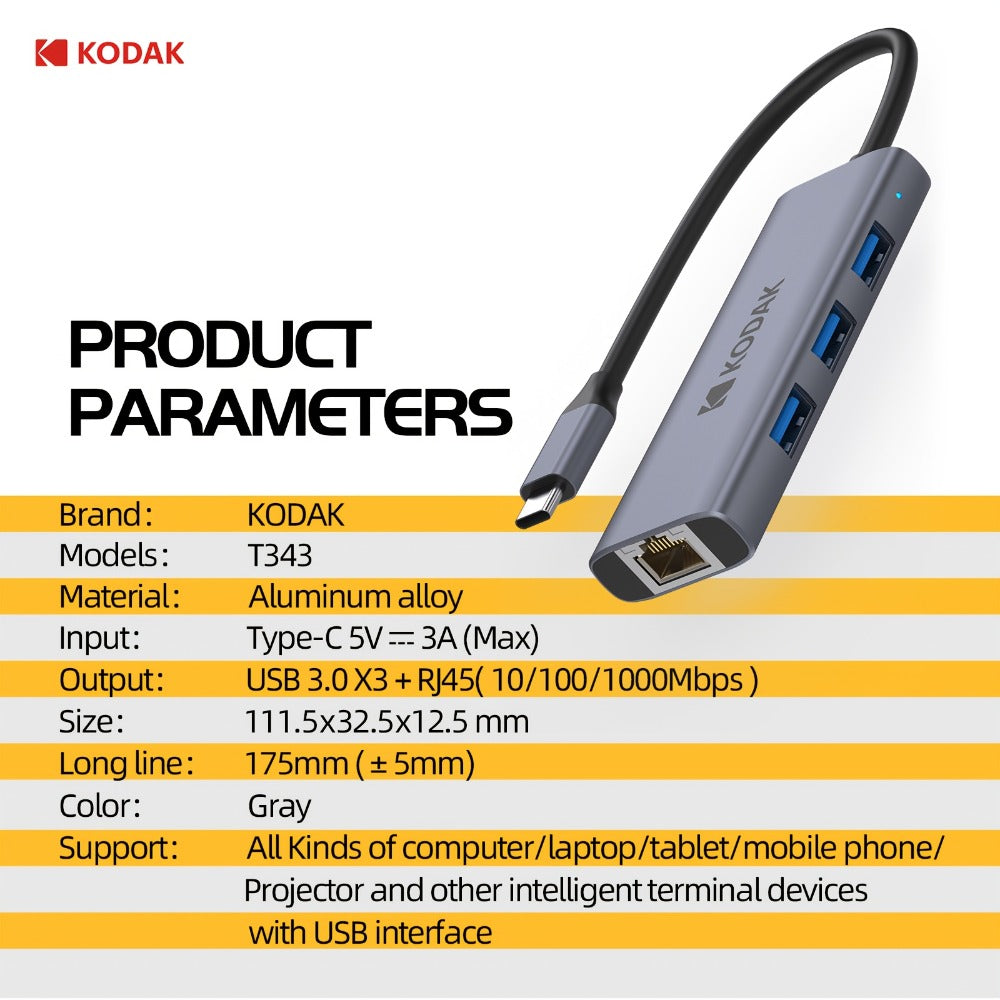 KODAK USB C Multiport Adapter 4-in-1 & 5-in-1 Hub – USB 3.0 Ports, 1000Mbps Gigabit Ethernet, Portable Aluminum Docking Station for MacBook, Laptop, Work, Home & Travel (T341/T343)