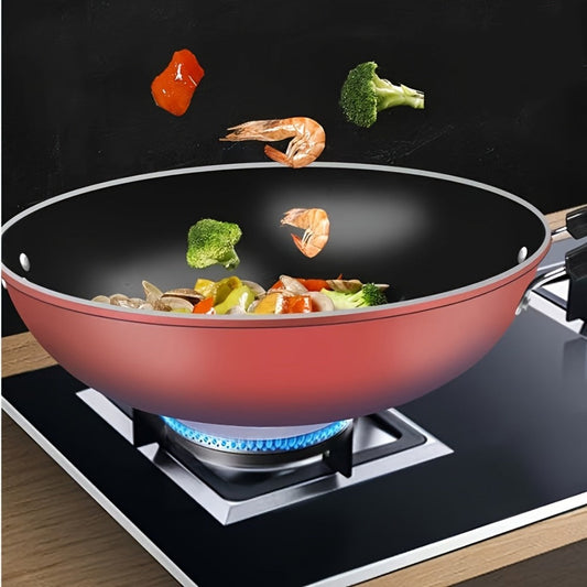 Non-Stick Stir-Fry Pan with Rice Stone Coating, Red Flat Bottom for Gas and Induction