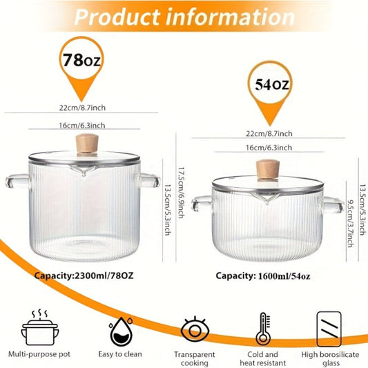 Borosilicate Glass Saucepans with Lids, Ribbed Pots for Soup and Noodles