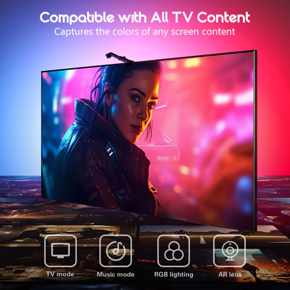 TV LED Backlight with Camera Screen Sync RGBW 5ft - Real-Time Color Matching USB Powered Ambient Bias Lighting for Smart TVs, Home Theater Gaming Video Calls Eye Strain Reduction
