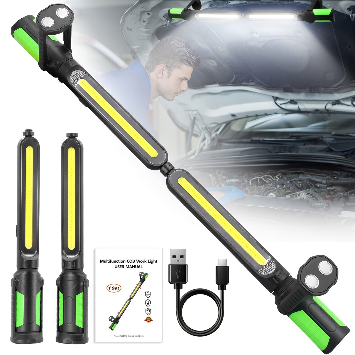 LED Work Light Rechargeable Cordless with Magnetic Base & Hook – Portable Mechanic Floodlight, Adjustable Brightness, Motion Sensor Control, Waterproof for Car Repair, Workshop, Garage, Outdoor & Emergency Use