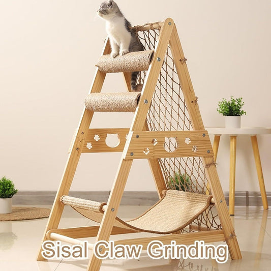 Bamboo Triangle Cat Tree with Sisal Scratching Posts, Hammock and Feather Toy