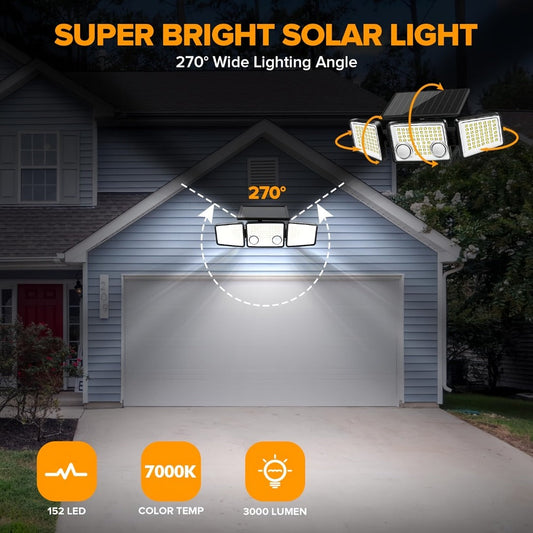 Solar Motion Sensor Flood Lights, 152 LEDs, 3000 Lumens and 3 Modes, 2- or 4-Pack
