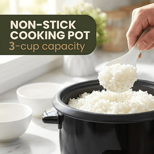 Mini Rice Cooker, 3-Cup Uncooked Capacity with Auto Keep Warm, Black