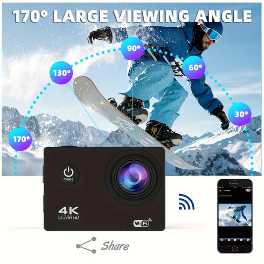 Action Camera 4K with WiFi, 170° Wide-Angle Lens, 32GB Card & Remote Control