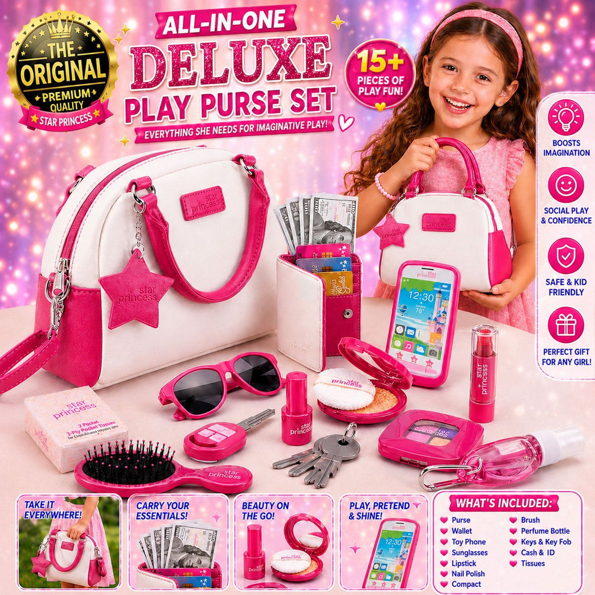 Pretend Play Purse Set, 18+ Pc Kids Handbag with Toy Phone, Wallet, Cards, Keys & Pretend Makeup