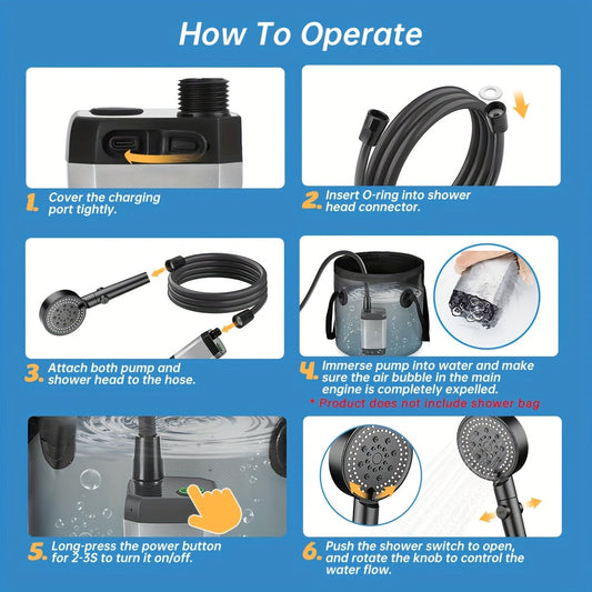 Portable Camping Shower with Digital Temperature Display and 6000mAh USB Battery