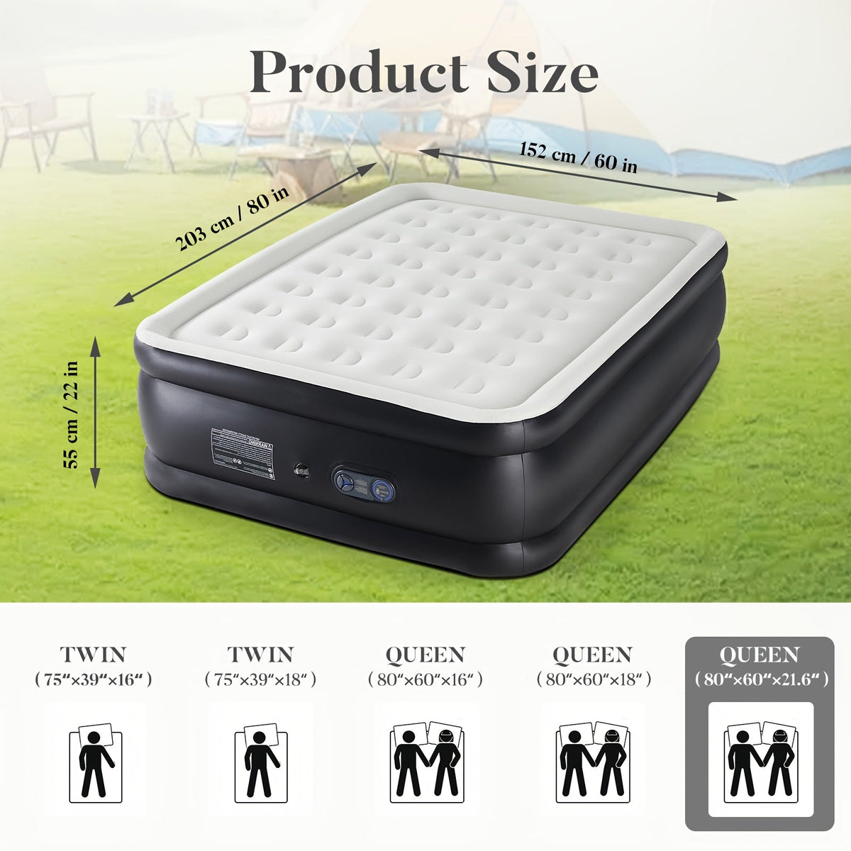 Inflatable Air Mattress with Built-In Pump 16"/18"/21" Thick – 660 LBS Capacity Double Height Blow-Up Airbed with Non-Slip Bottom, Twin & Queen Sizes for Camping, Home & Guest Use