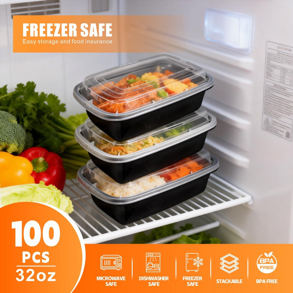 Meal Prep Containers 32oz 100 Pack – Black Stackable Leakproof Food Storage Set (50 Containers + 50 Lids), BPA-Free, Microwave & Dishwasher Safe, for Food Truck, Catering, Office Lunch & Takeout