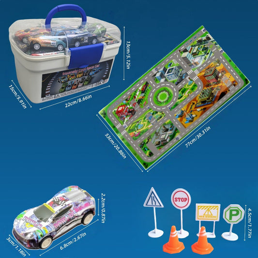 Pull Back Toy Car Set, 64 Pcs with 56 Mini Vehicles, City Map, Traffic Signs & Storage Box