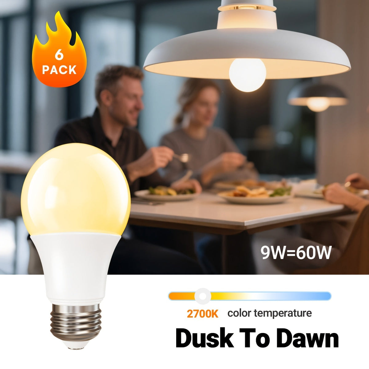 Dusk to Dawn LED Light Bulbs Photocell Sensor Auto On Off - 9W 60W Equivalent E26 Base 5000K Daylight & 2700K Warm White 6 or 12 Pack for Porch Garage Outdoor Security Indoor Lighting
