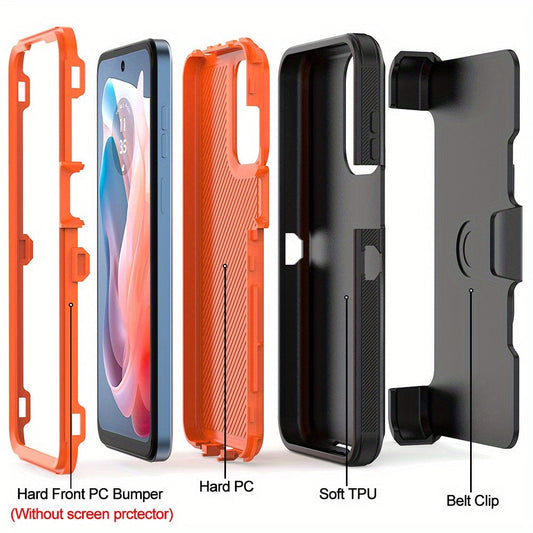 Moto G Play 2024 Heavy Duty Case Belt Clip Holster Kickstand - 3-in-1 Rugged Shockproof Protective Cover with Multi-Layer Drop Protection for Motorola Moto G Play 2024, Black Orange Blue Purple Green