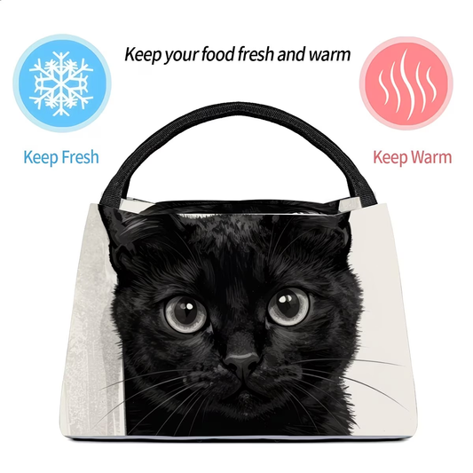 Insulated Lunch Bag with Black Cat Pattern, 11 x 6.3 x 6.7 Inches