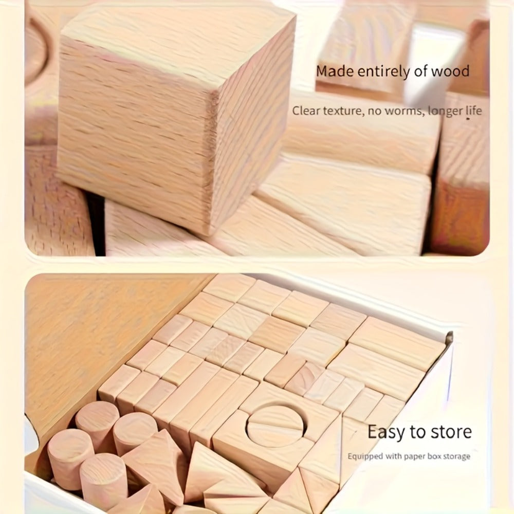 100-Piece Unpainted Beech Wood Building Blocks for Stacking and Sorting