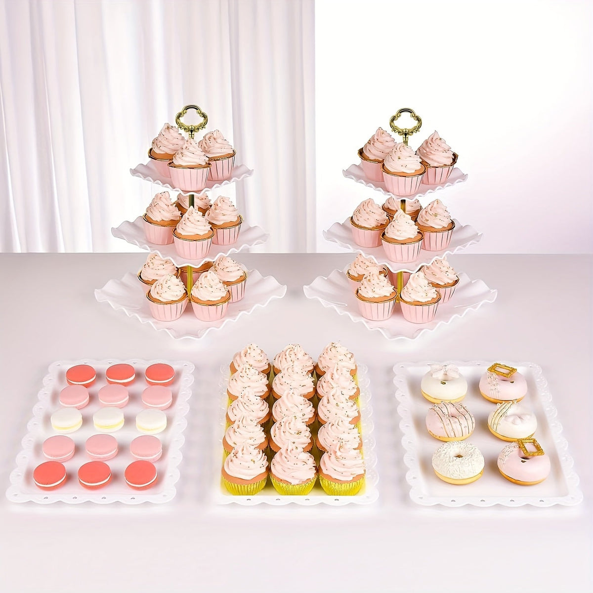 Cake Stand Set 5 Piece – 2 Square Three-Tier Cupcake Stands & 3 Appetizer Trays for Birthday, Baby Shower, Bridal Shower, Christmas, Halloween Party Dessert Display