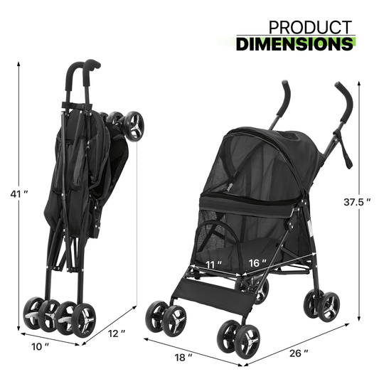 Foldable Pet Stroller for Dogs & Cats up to 33 lb, Mesh Canopy, 10 Color Options
