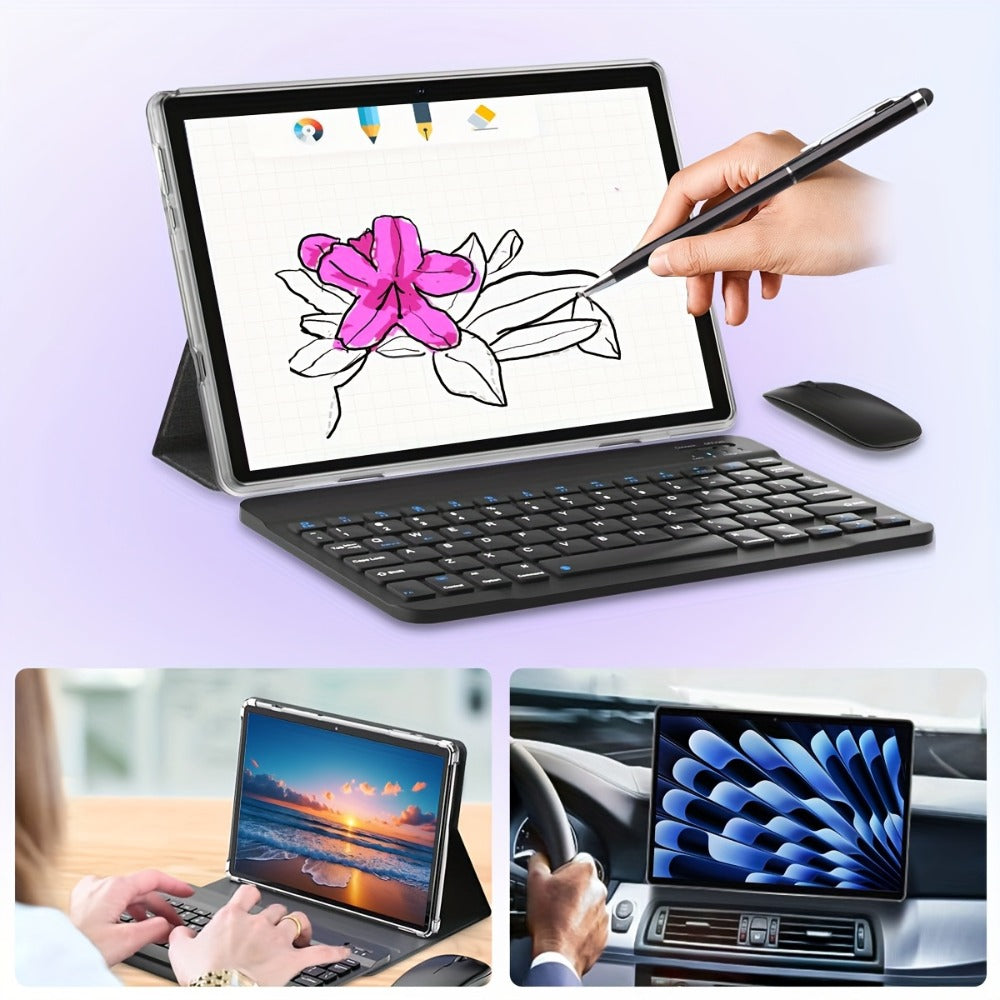 Pink 2-in-1 Android Tablet 10.1 Inch 6GB RAM 128GB ROM 5G WiFi with Keyboard Mouse Case Stylus Pen Dual Camera Type-C Touch Screen Portable Tablet PC Bundle for Work Study Women Teens