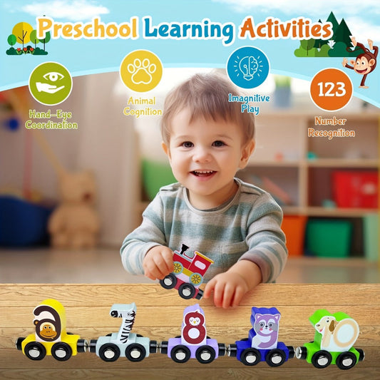 Magnetic Wooden Animal Train Set, 12-Piece Number and Animal Play Toy