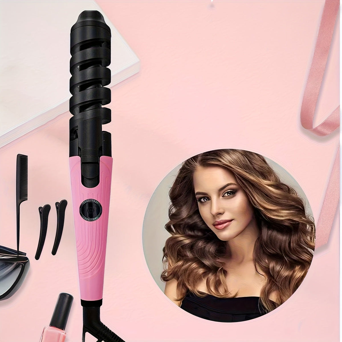 Automatic Spiral Curling Iron – Anti-Scald Fast Heating Curler for Long & Short Hair, Portable Rotating Barrel, Women Gift
