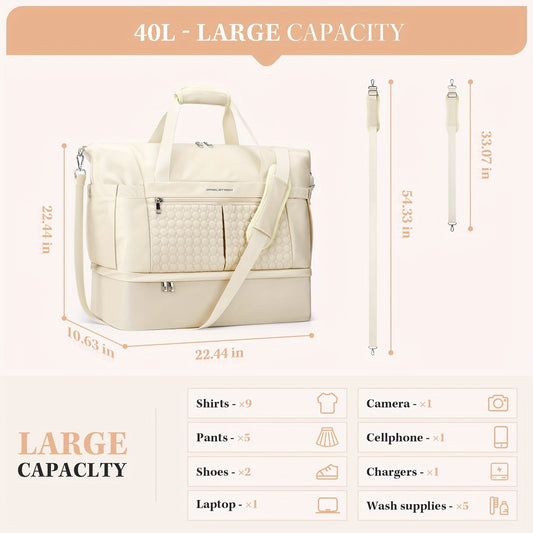 Gym Duffel Bag for Women, 40L Beige with Shoe Compartment and Wet Pocket