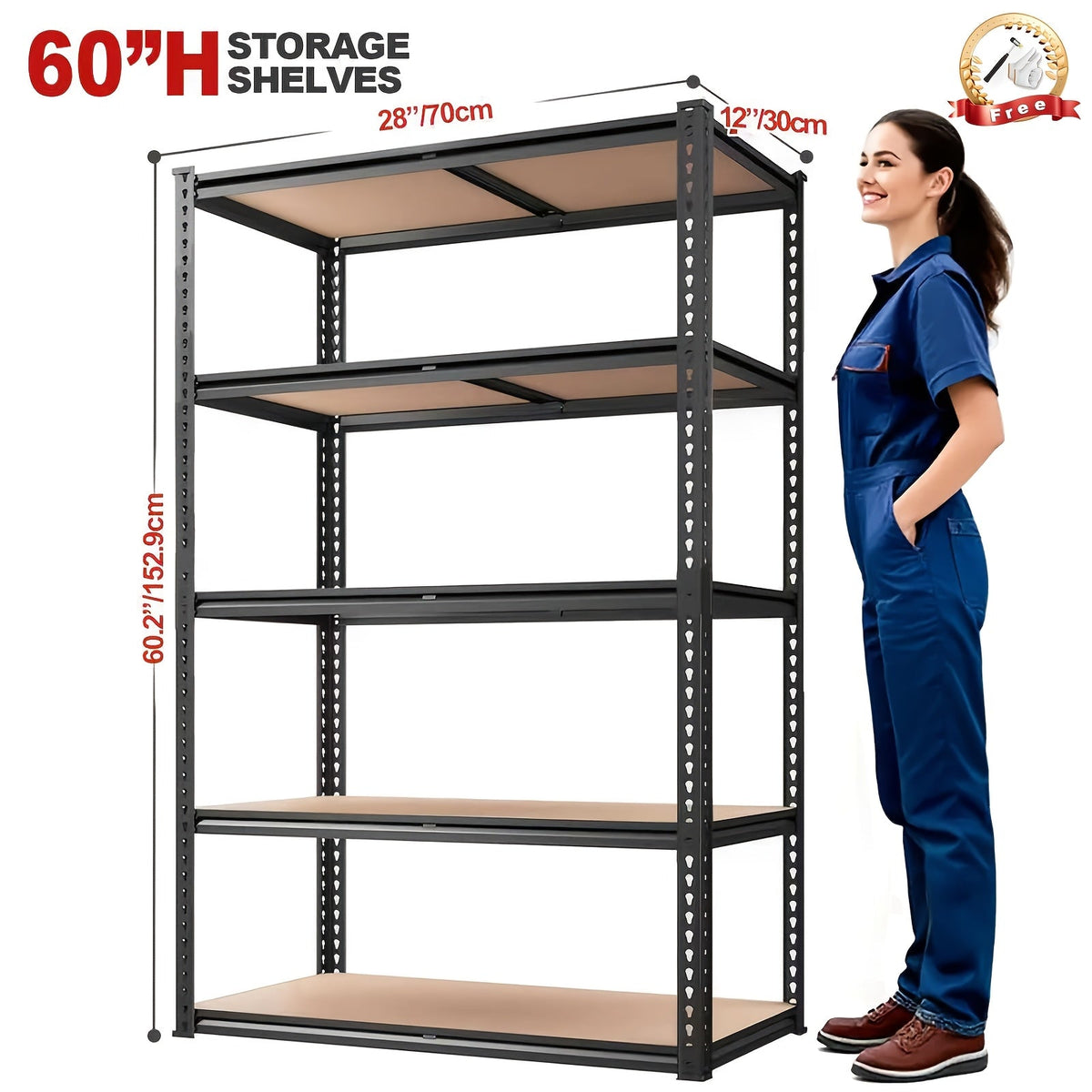 5-Tier Garage Shelving Unit 2000 lbs Capacity Heavy Duty Adjustable Storage Shelves 72"/60"H x 35.5"W x 16"D for Garage, Closet & Pantry Organization – Steel Rack Easy Assembly, Includes Gloves & Hammer