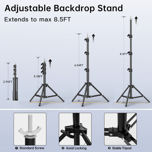 Adjustable Backdrop Stand Kit, 8.5 x 10 ft with Crossbar, Clamps & Carrying Bag