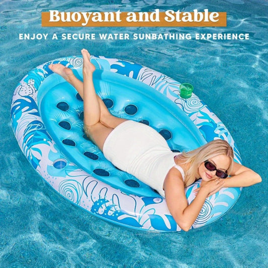 Oval Inflatable Pool Float Lounger with Removable Head & Back Support, 2 Cup Holders