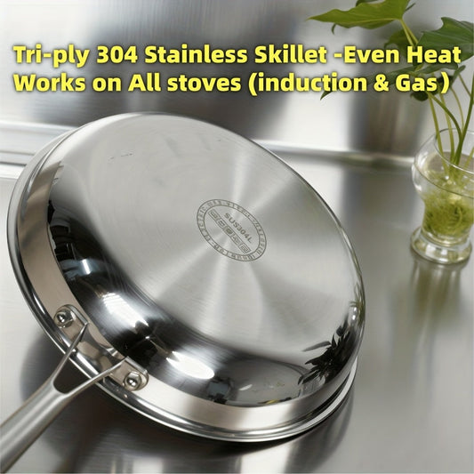 304 Stainless Steel Frying Pan with 3-Ply Base for Gas and Induction Cooking