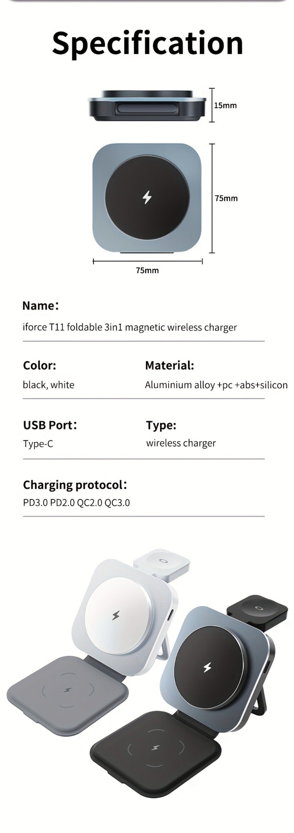Foldable Travel 3-in-1 Wireless Charging Station 15W – Fast Charge for iPhone 17 16 15 14 13 12 Pro Max Plus, Apple Watch Ultra Series 9 8 7 6 5 4 3 2 1 SE & AirPods 4 3 2 Pro | Portable Black Charger