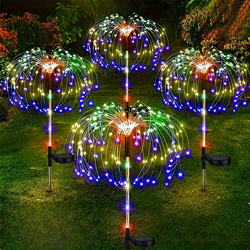 Solar Firework Stake Lights Outdoor 2 Pack - Touch Control Dimmable Starburst Ground Lights Warm White & Colorful 120 to 840 LEDs for Garden Pathway Lawn Party Wedding Christmas Halloween Decoration