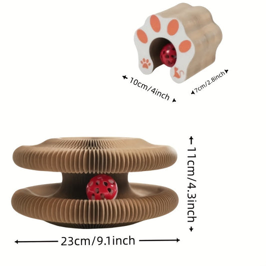Foldable Cat Scratching Board with Ball Track & Bells - Organ Cardboard Scratcher Lounge, Brown