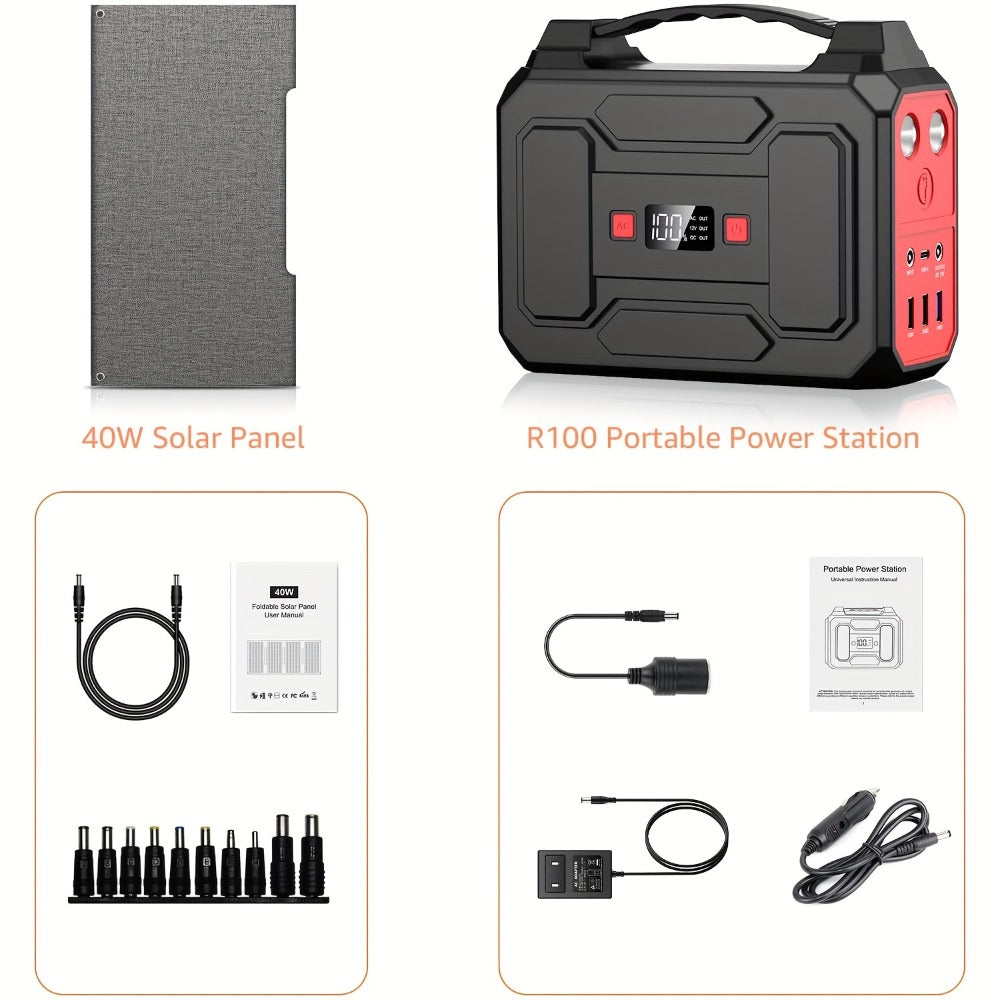 100W 146Wh Portable Power Station Solar Generator with 40W Foldable Solar Panel, 146Wh Backup Battery for Camping Hiking RV Emergency, AC DC USB USB-C Output, LED Flashlight, Fast US Shipping