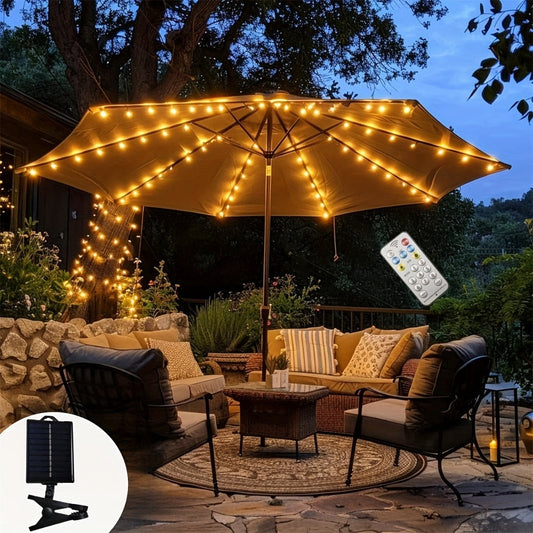 Solar Patio Umbrella Light with 104 Warm White LEDs, 8 Modes and Remote Control
