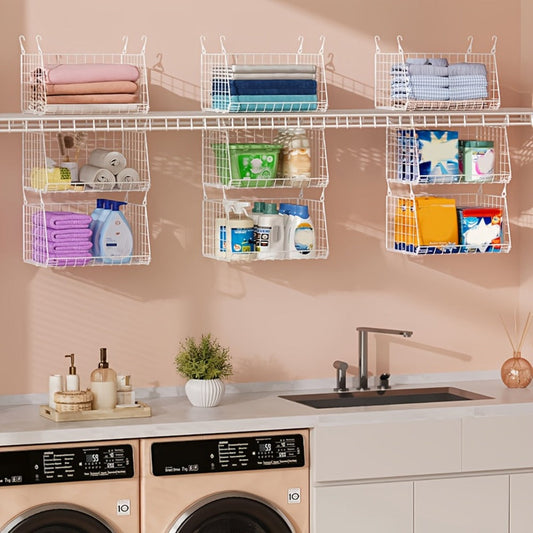 Hanging Laundry Baskets with 360° Rotating Hooks, Foldable Set of 3