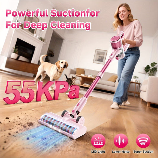 Cordless Stick Vacuum Cleaner, 55 kPa, 8-in-1 Design with LED Light and Swivel Head