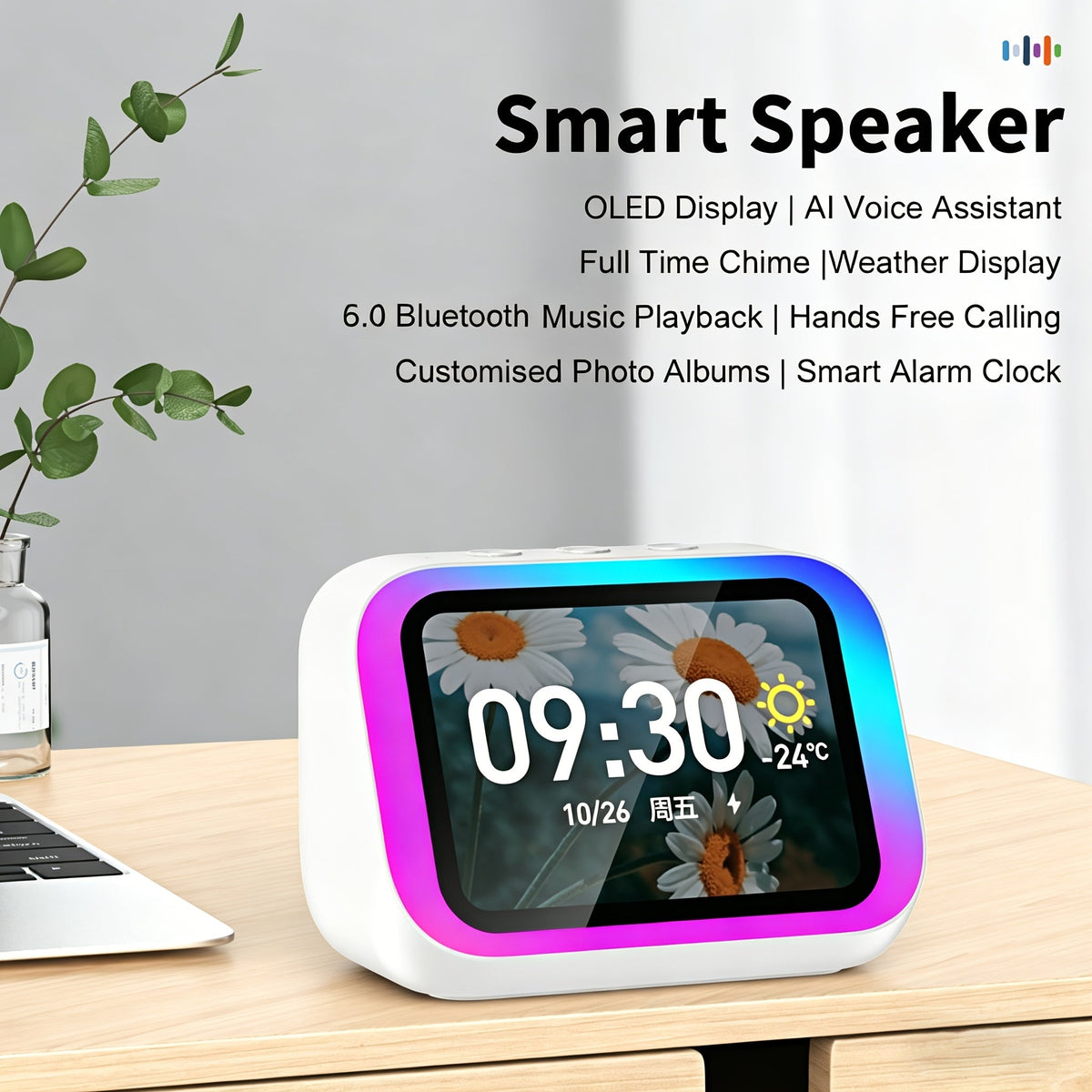 Smart Alarm Clock with AI Voice Assistant & Wireless Speaker - Dynamic RGB Light, Hi-Fi Stereo Sound, HD Display, Answer Calls, Period Tracker, 2500mAh Battery, Portable Bedside Charging Clock