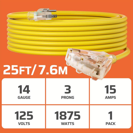 Extension Cord 25ft, 14/3 SJTW, 3-Outlet Tri-Tap with LED Lighted Plug, Yellow