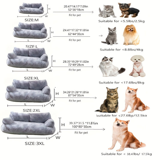 Plush Cat Sofa Bed with Raised Backrest and Armrests, Washable Pet Couch, M–3XL