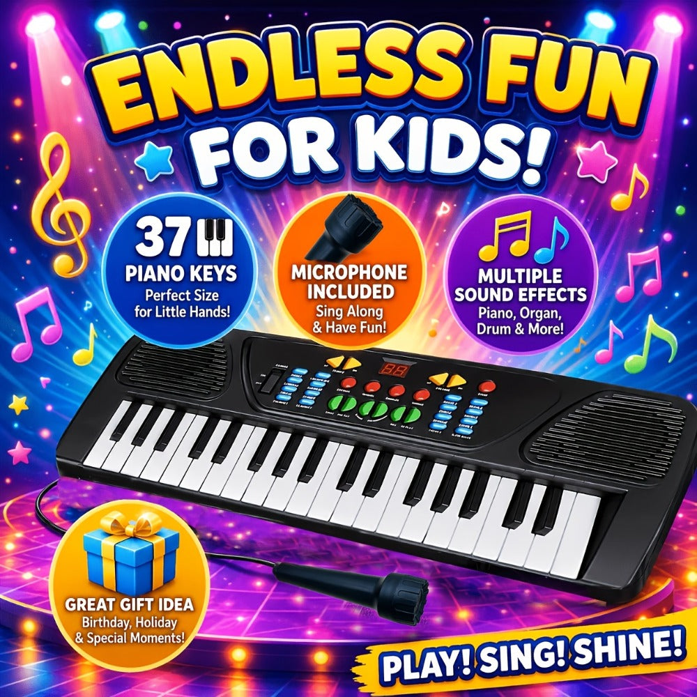 Kids Keyboard Piano 37 Keys with Microphone, Portable Electronic Piano for Beginners, Educational Musical Instrument Toy for Boys & Girls Ages 3-12, Birthday Christmas Gift, Black