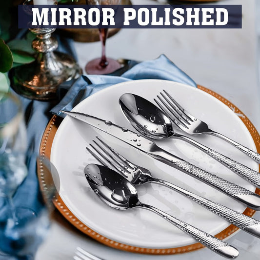 Stainless Steel Flatware Set with Hammered Mirror Finish, 40 or 48 Pieces
