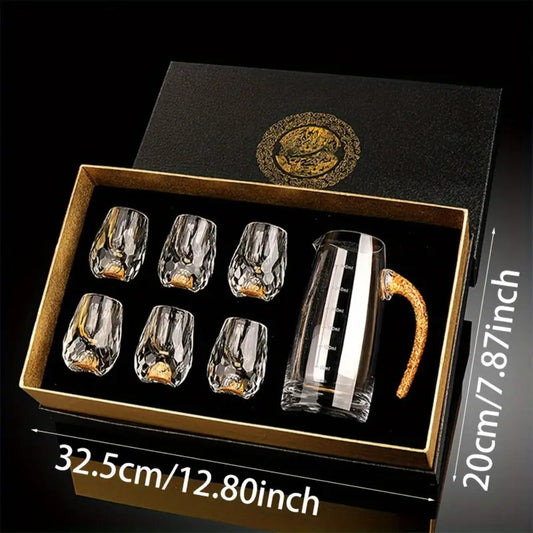 Crystal Wine Decanter Set with 6 Glasses, 24K Gold-Plated Accents and Gift Box