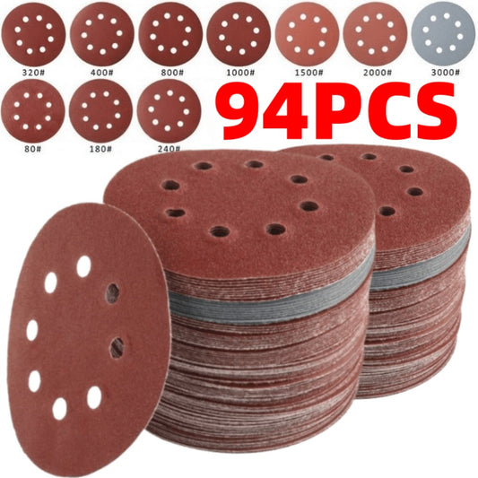 Hook-and-Loop Sanding Discs, 94-Piece Set, 8-Hole Design and Assorted 80–3000 Grits
