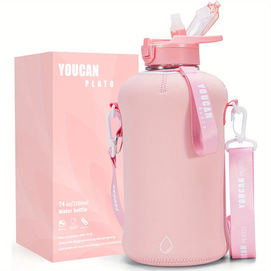 Water Bottle with Straw, Time Markers, Insulated Sleeve and Carry Strap
