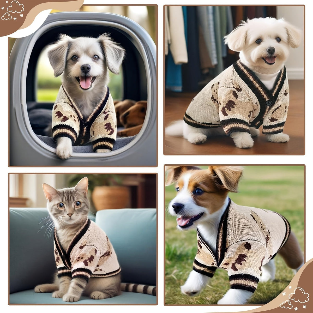 Dog Cardigan Sweater with Button Closure - Allover Bear Print Knitted Pet Clothes for Small Dogs, Soft Fleece-Lined Puppy Shirt with Adjustable Collar for Bichon Teddy Schnauzer, Spring Summer XS to XL