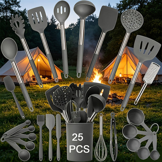 Silicone Kitchen Utensil Set with Stainless Steel Handles, 25 Pieces