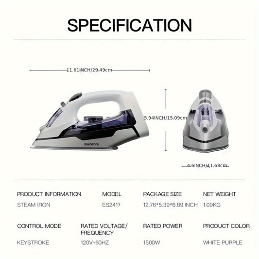Steam Clothes Iron with Ceramic-Coated Soleplate and 3-Way Auto-Off - Purple