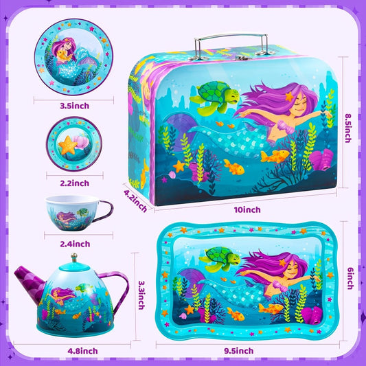Mermaid Pretend Play Tea Set with Teapot, Cups, Plates and Carrying Case