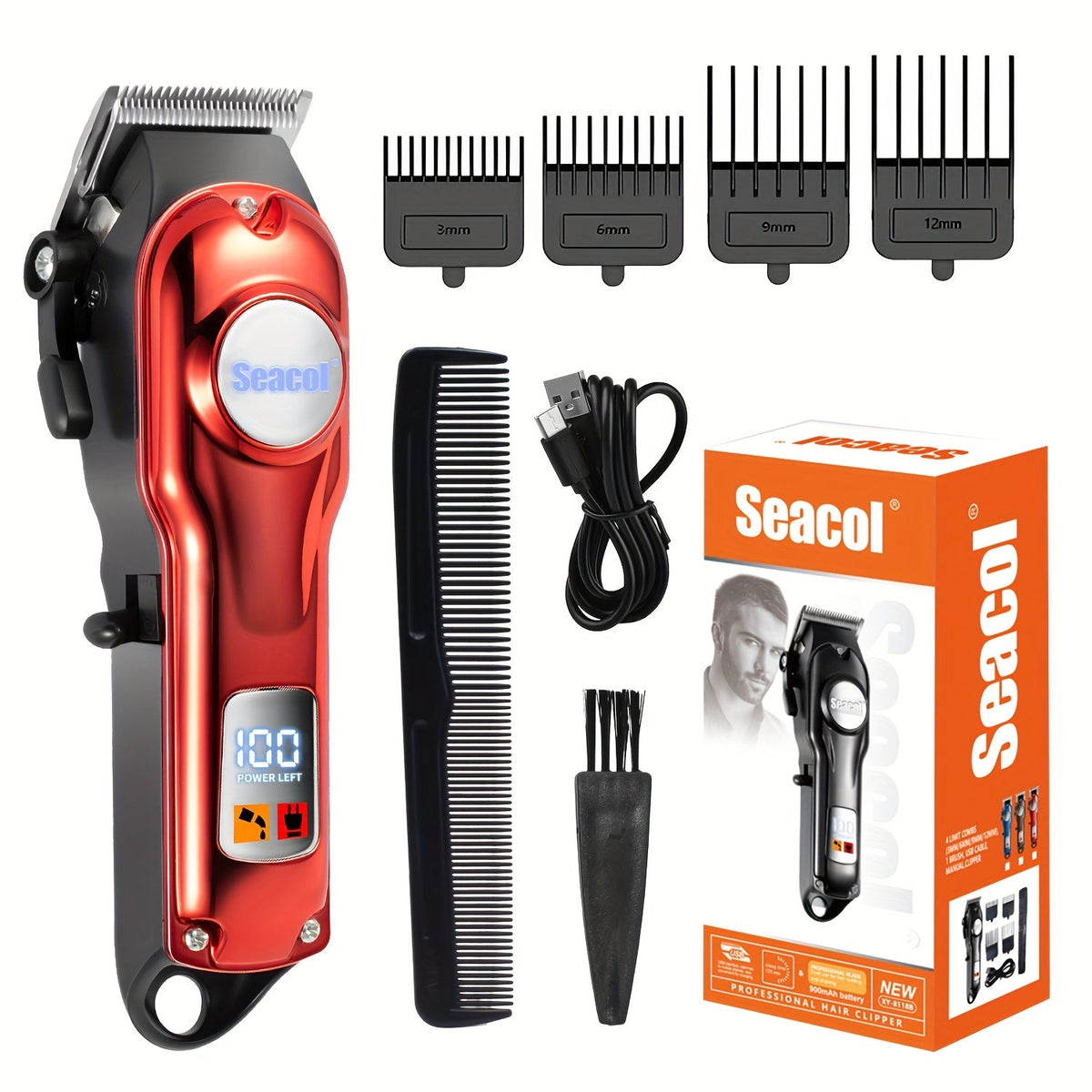 900mAh LCD Hair Clippers for Men – USB Rechargeable Cordless Electric Trimmer with Limit Combs & Cleaning Brush, Professional Fade Barber Clipper for Home Use, Black Red