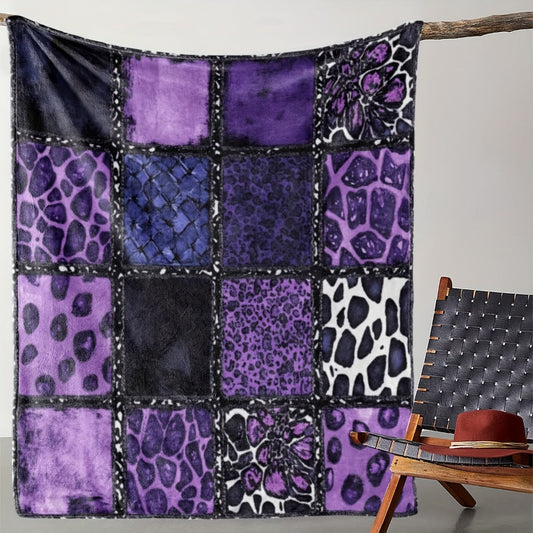 Purple Leopard Flannel Throw Blanket, Soft Polyester for Sofa & Bed, 3 Sizes